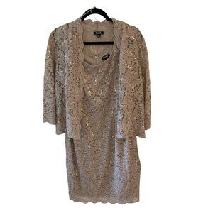 NWT  SLNY Women's Petite 2-Pc. Lace Jacket & Midi Dress Set Champagne 12P